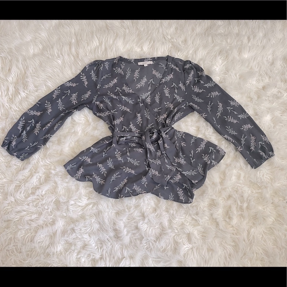 LOFT Gray Floral Wrap Peplum Blouse